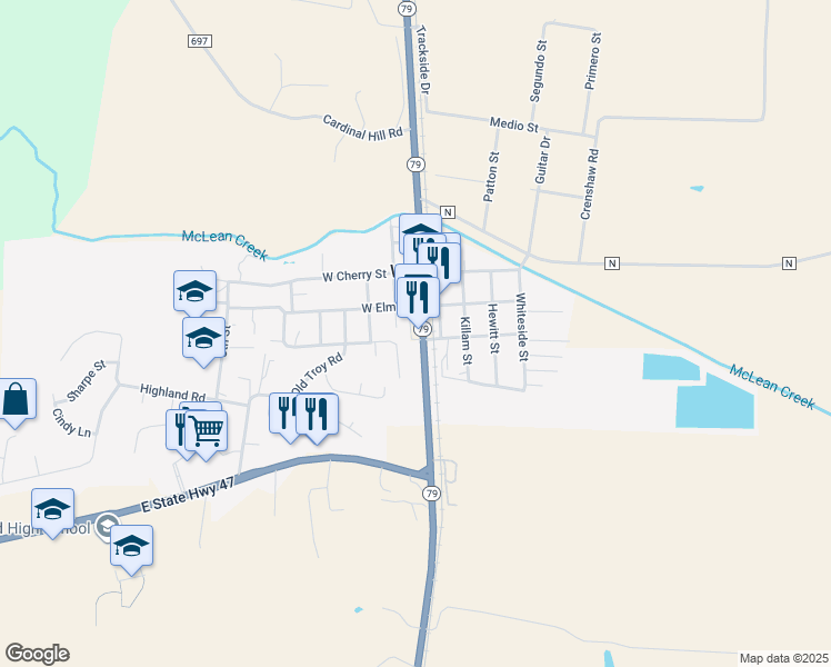 map of restaurants, bars, coffee shops, grocery stores, and more near 210 East Main Street in Winfield