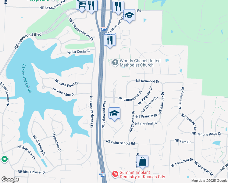 map of restaurants, bars, coffee shops, grocery stores, and more near 1012 Northeast Whispering Winds Court in Lee's Summit