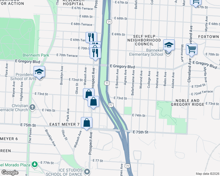map of restaurants, bars, coffee shops, grocery stores, and more near 7216 South Benton Avenue in Kansas City