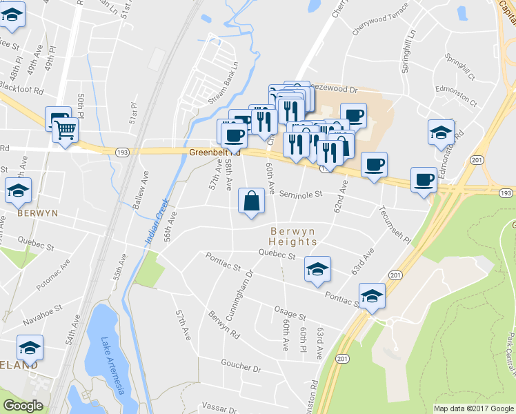 map of restaurants, bars, coffee shops, grocery stores, and more near 5817 Seminole Street in Berwyn Heights
