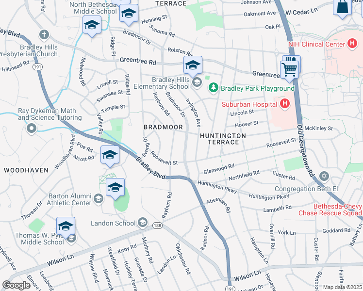 map of restaurants, bars, coffee shops, grocery stores, and more near 8510 Bradmoor Drive in Bethesda