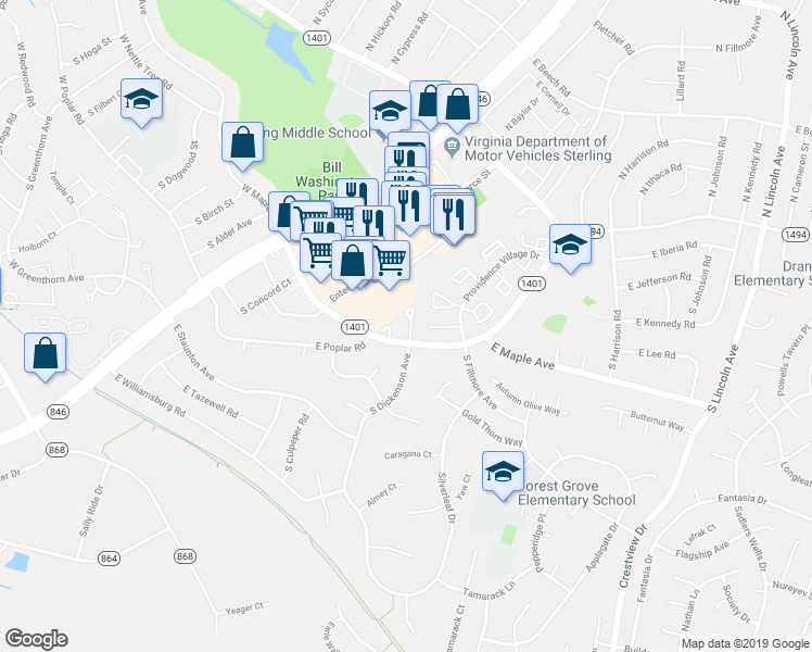 map of restaurants, bars, coffee shops, grocery stores, and more near 53 Essex Square in Sterling