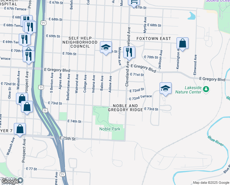 map of restaurants, bars, coffee shops, grocery stores, and more near 3605 East 72nd Street in Kansas City