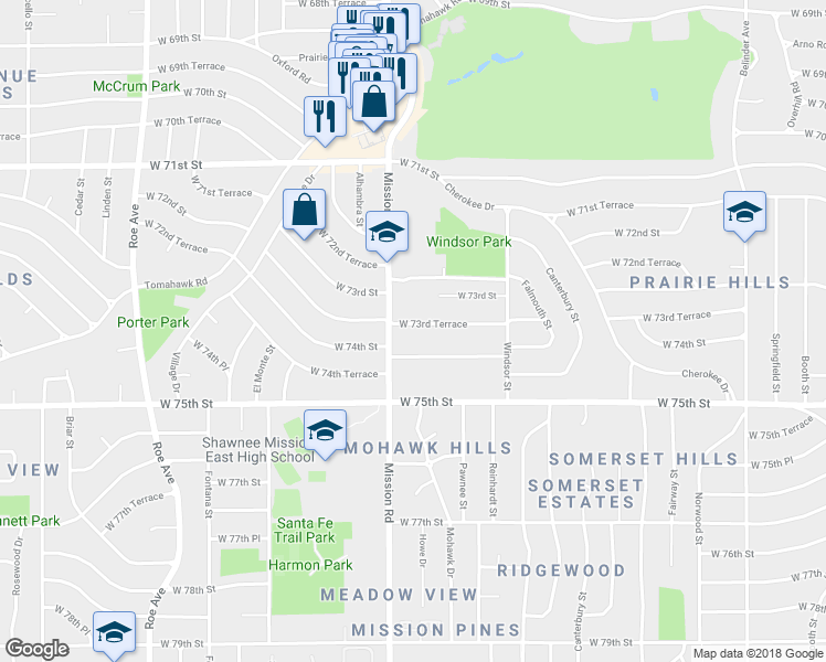 map of restaurants, bars, coffee shops, grocery stores, and more near 3807 West 73rd Terrace in Prairie Village
