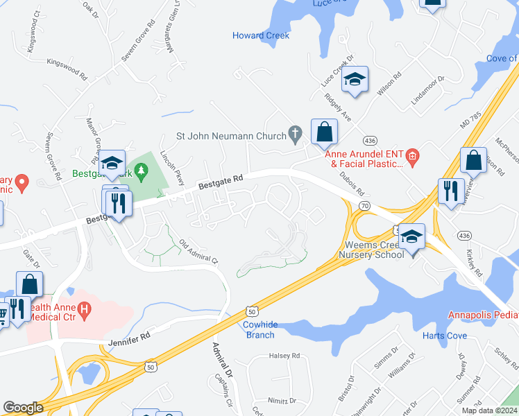 map of restaurants, bars, coffee shops, grocery stores, and more near 603 Burtons Cove Way in Annapolis