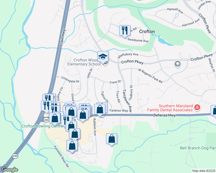 map of restaurants, bars, coffee shops, grocery stores, and more near 1729 Torrington Place in Crofton