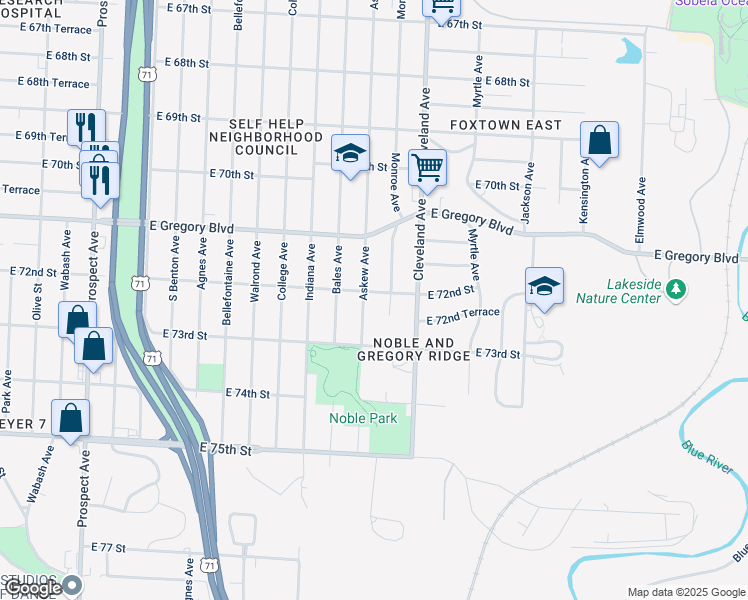 map of restaurants, bars, coffee shops, grocery stores, and more near 3605 East 72 Street in Kansas City