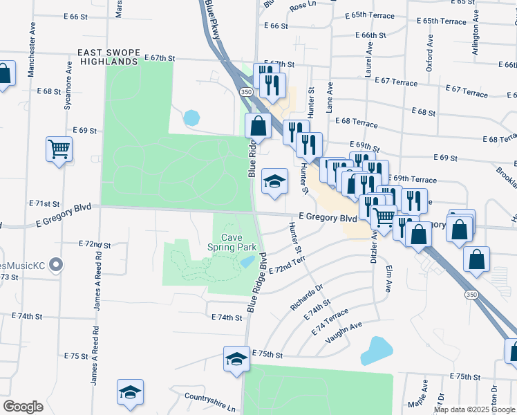 map of restaurants, bars, coffee shops, grocery stores, and more near 7049 Blue Ridge Boulevard in Raytown