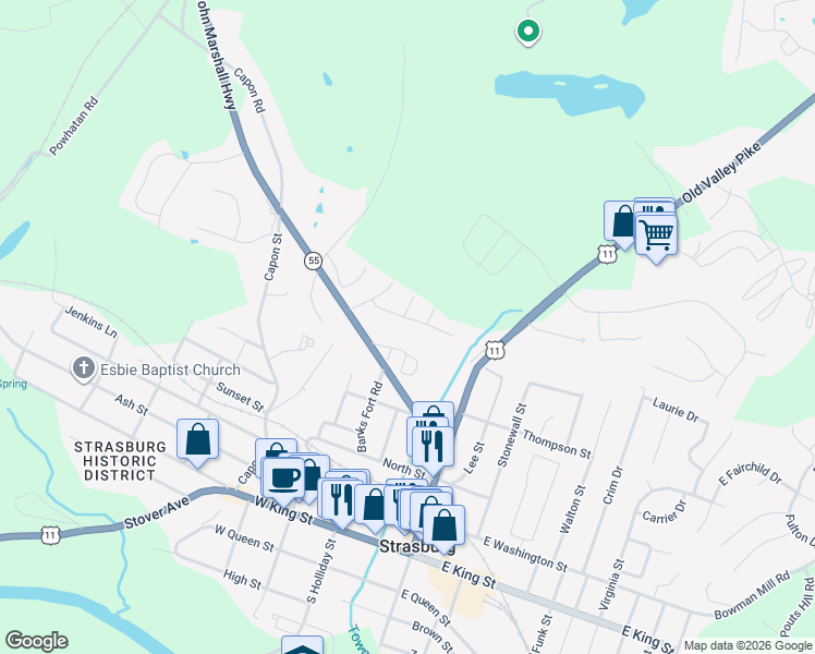 map of restaurants, bars, coffee shops, grocery stores, and more near 814 Pendleton Lane in Strasburg