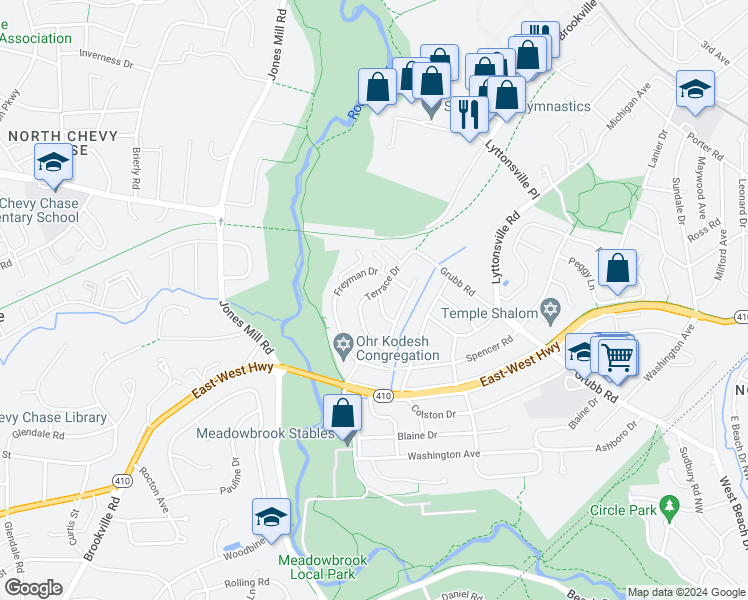map of restaurants, bars, coffee shops, grocery stores, and more near 2908 Terrace Drive in Chevy Chase
