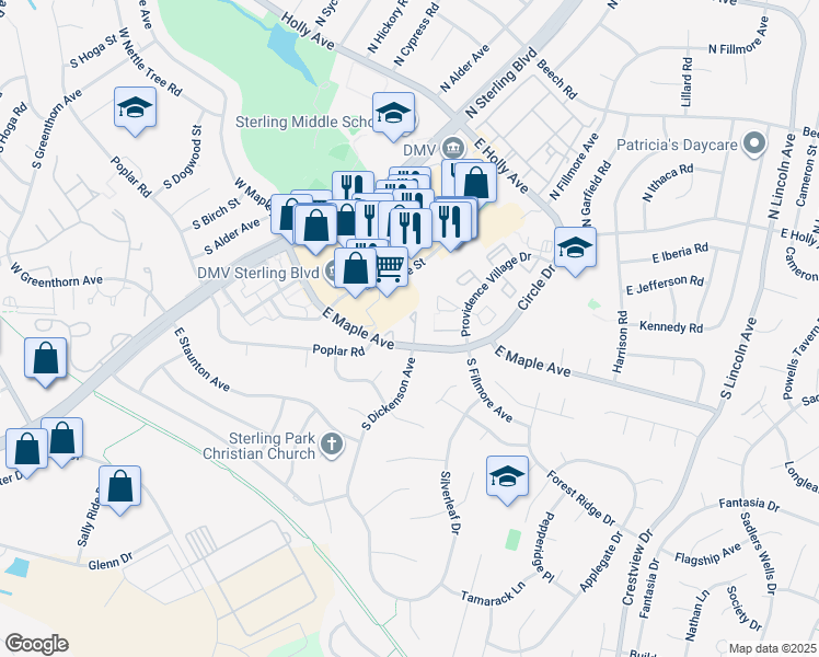 map of restaurants, bars, coffee shops, grocery stores, and more near 51 Essex Square in Sterling