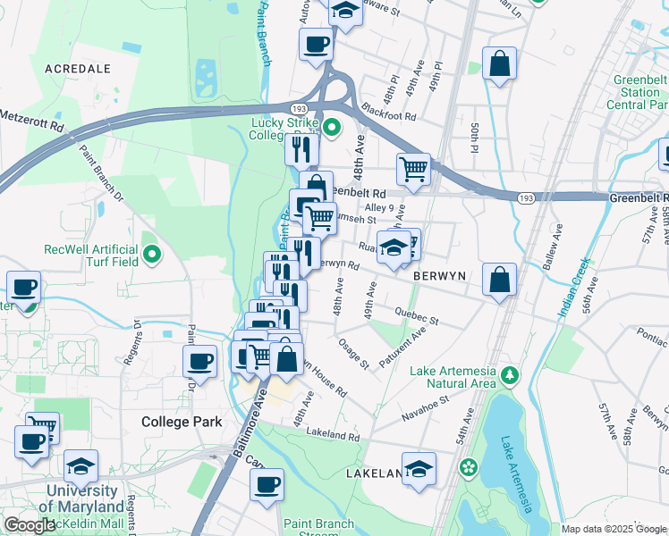 map of restaurants, bars, coffee shops, grocery stores, and more near 4713 Berwyn Rd in College Park
