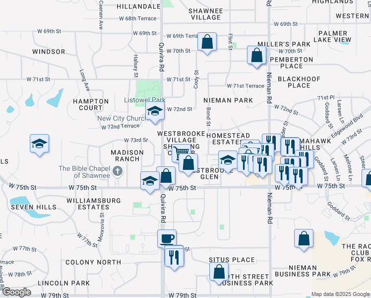 map of restaurants, bars, coffee shops, grocery stores, and more near 7349 Quivira Road in Shawnee