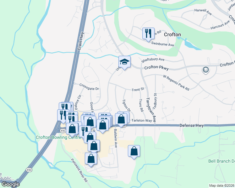 map of restaurants, bars, coffee shops, grocery stores, and more near 1730 Tarleton Way in Crofton
