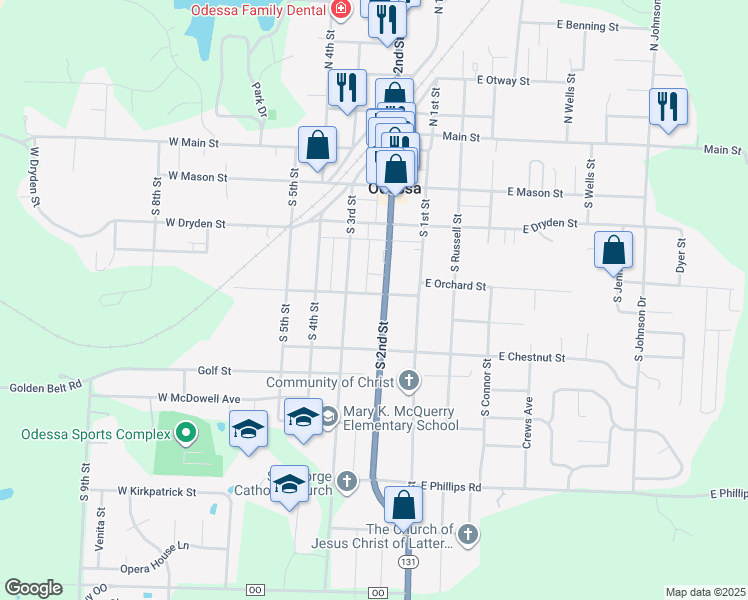 map of restaurants, bars, coffee shops, grocery stores, and more near 401 South 2nd Street in Odessa
