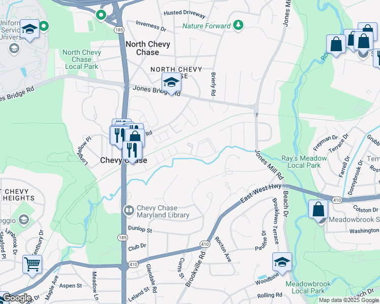 map of restaurants, bars, coffee shops, grocery stores, and more near 3535 Chevy Chase Lake Drive in Chevy Chase