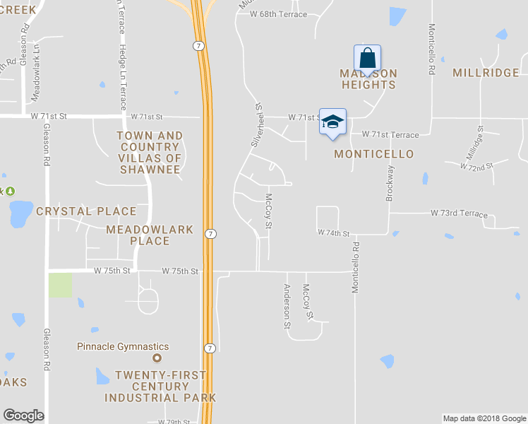 map of restaurants, bars, coffee shops, grocery stores, and more near 7312 McCoy Street in Shawnee