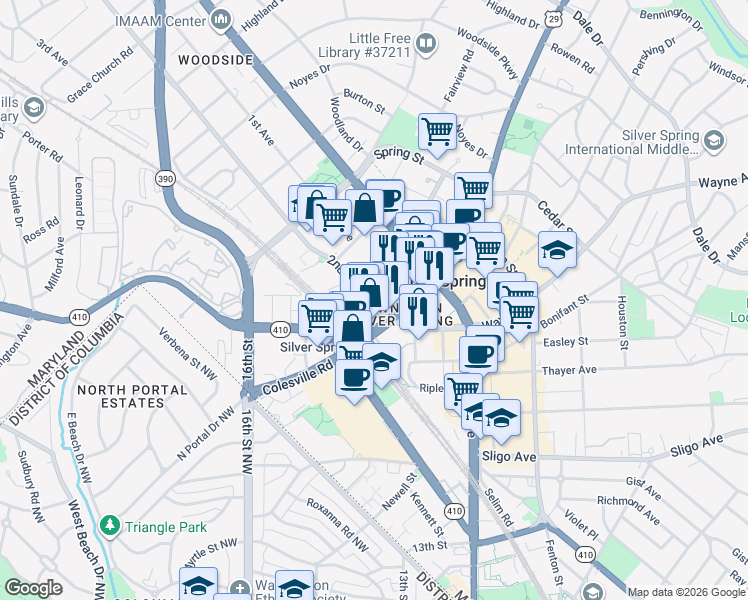 map of restaurants, bars, coffee shops, grocery stores, and more near 101 Independence Avenue Southeast in Washington