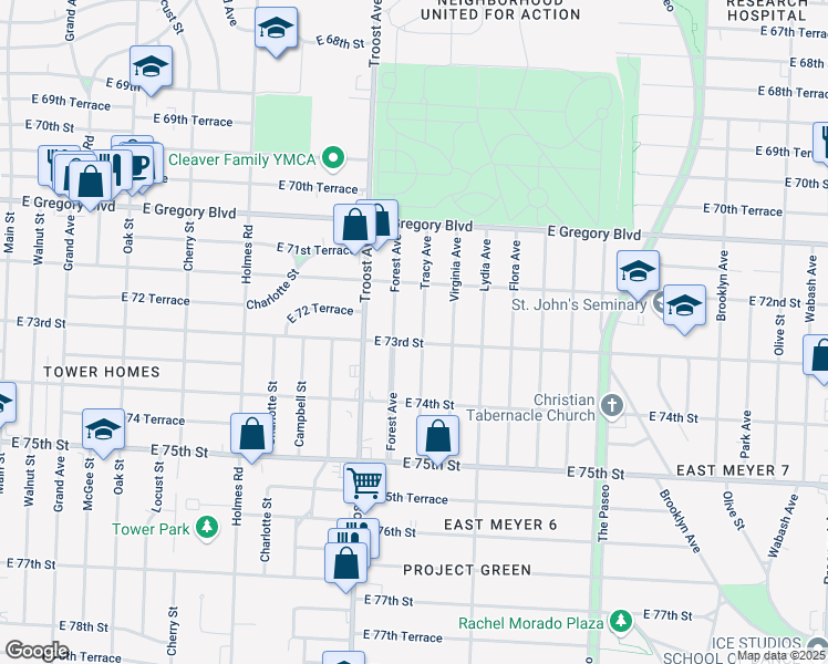 map of restaurants, bars, coffee shops, grocery stores, and more near 7242 Tracy Avenue in Kansas City