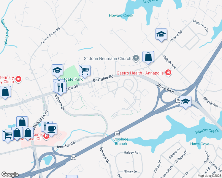 map of restaurants, bars, coffee shops, grocery stores, and more near 2015 Compton Court in Annapolis