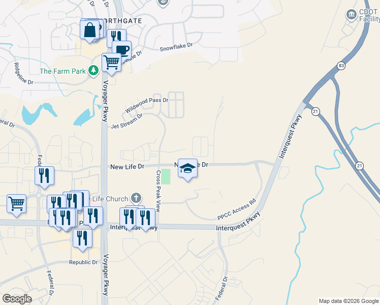 map of restaurants, bars, coffee shops, grocery stores, and more near 1820 Jet Stream Drive in Colorado Springs