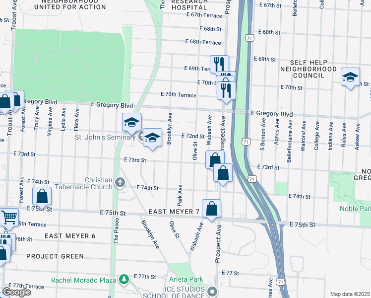 map of restaurants, bars, coffee shops, grocery stores, and more near 7225 Park Avenue in Kansas City