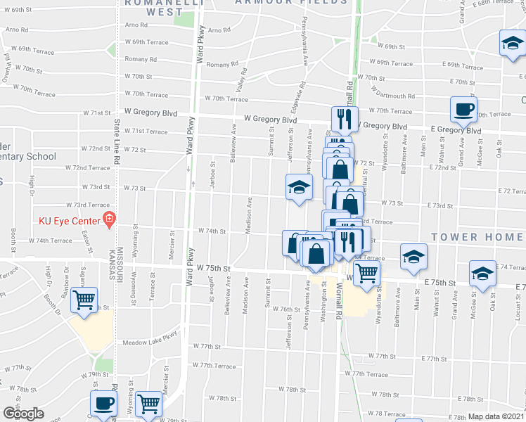 map of restaurants, bars, coffee shops, grocery stores, and more near 7318 Summit Street in Kansas City