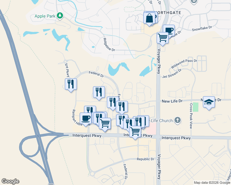 map of restaurants, bars, coffee shops, grocery stores, and more near 1203 Affirmed View in Colorado Springs