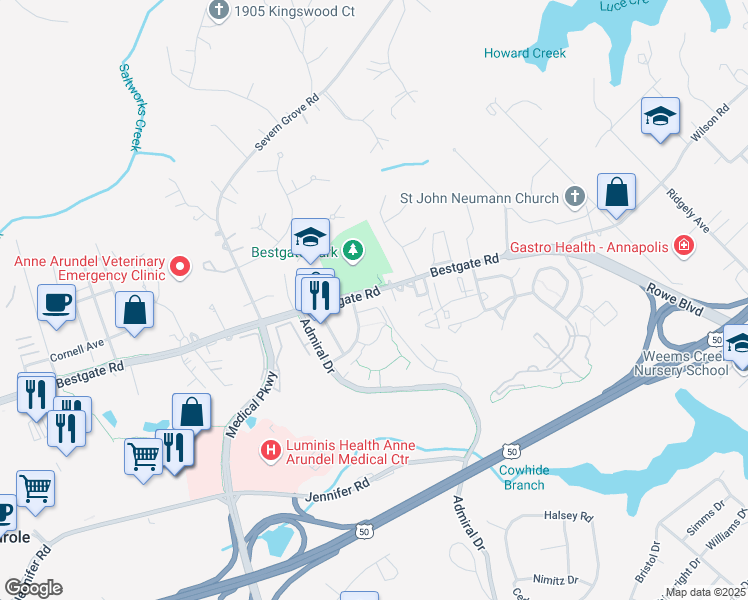 map of restaurants, bars, coffee shops, grocery stores, and more near 713 Bestgate Road in Annapolis