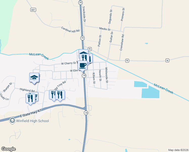 map of restaurants, bars, coffee shops, grocery stores, and more near 204 Killam Street in Winfield
