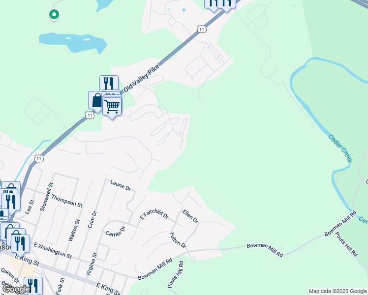 map of restaurants, bars, coffee shops, grocery stores, and more near 46 Courtney Circle in Strasburg