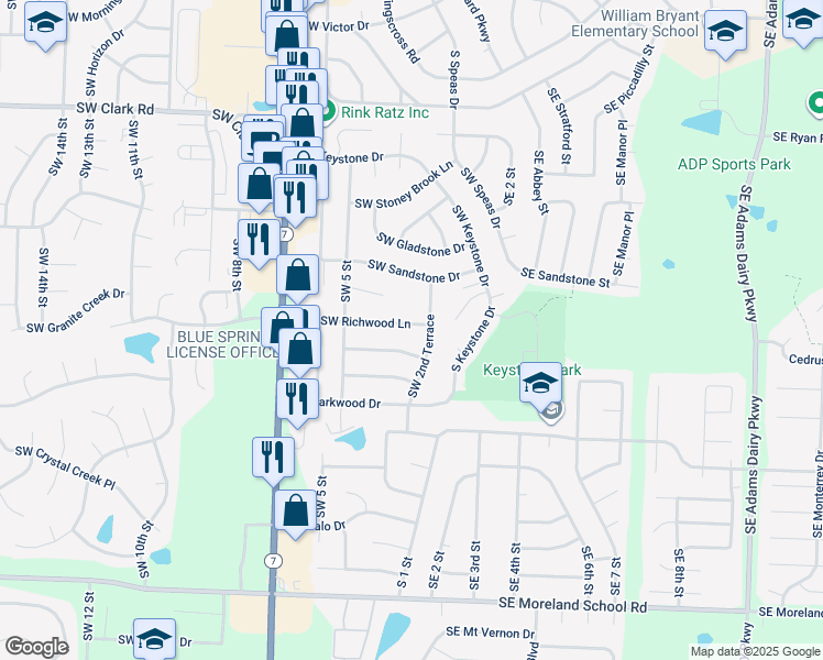 map of restaurants, bars, coffee shops, grocery stores, and more near 208 Southwest Richwood Lane in Blue Springs
