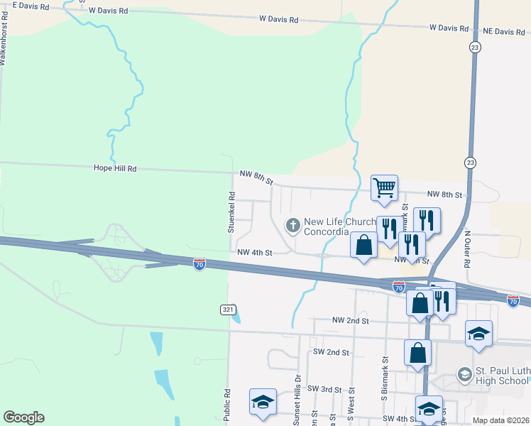 map of restaurants, bars, coffee shops, grocery stores, and more near 603 North Redbud Street in Concordia