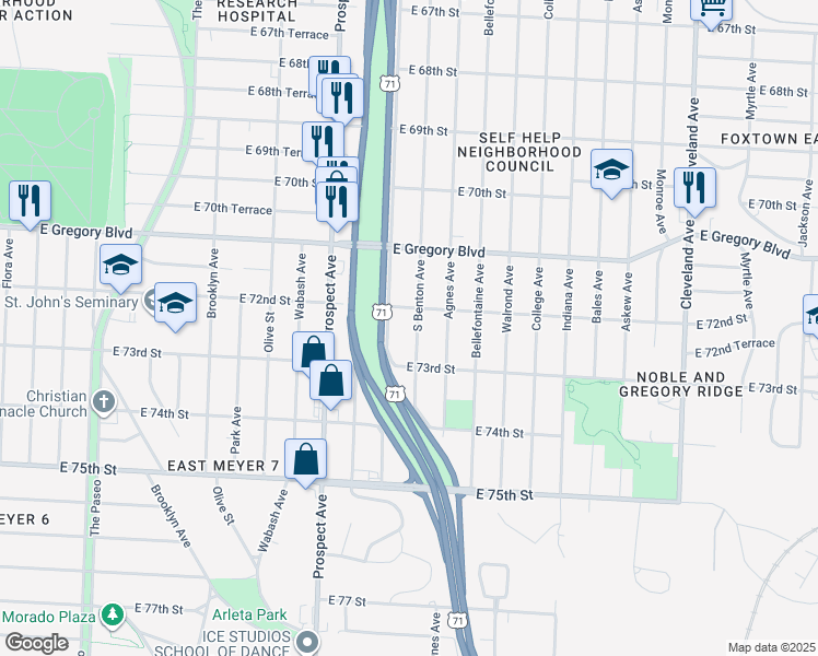 map of restaurants, bars, coffee shops, grocery stores, and more near 7216 South Benton Avenue in Kansas City
