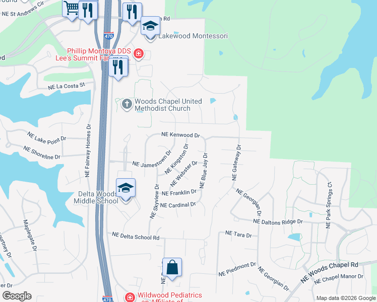 map of restaurants, bars, coffee shops, grocery stores, and more near 4609 Northeast Kingston Drive in Lee's Summit