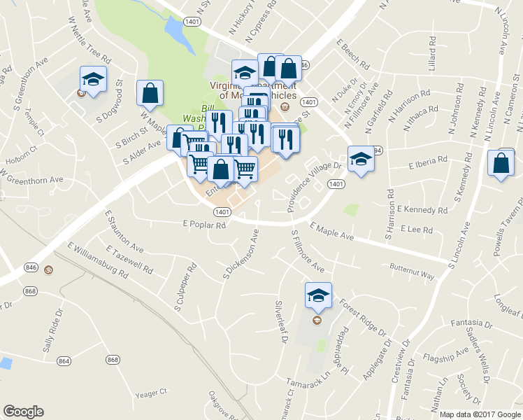 map of restaurants, bars, coffee shops, grocery stores, and more near 46 Essex Square in Sterling