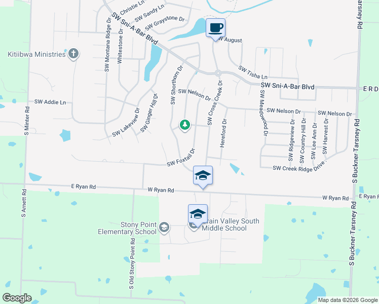 map of restaurants, bars, coffee shops, grocery stores, and more near 911 Southwest Shorthorn Drive in Grain Valley