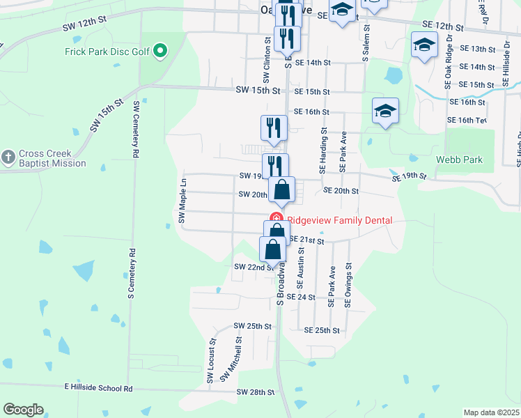 map of restaurants, bars, coffee shops, grocery stores, and more near 108 Southwest 20th Terrace in Oak Grove