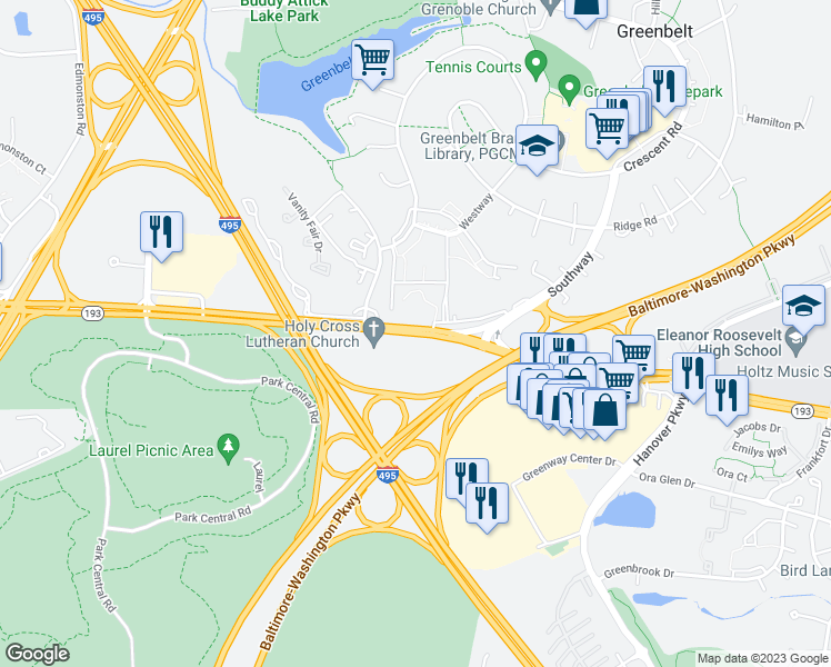 map of restaurants, bars, coffee shops, grocery stores, and more near 7099 Greenbelt Road in Greenbelt