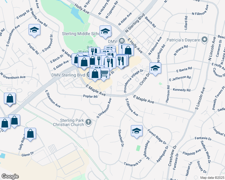 map of restaurants, bars, coffee shops, grocery stores, and more near 46 Essex Square in Sterling