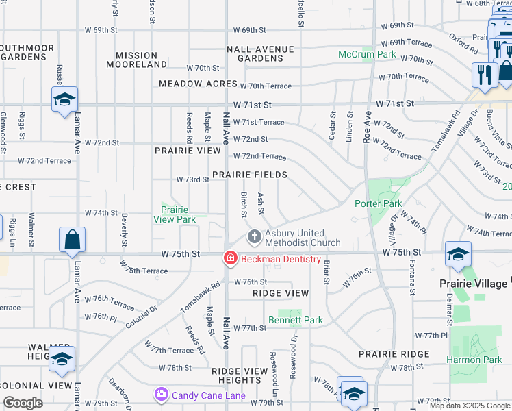 map of restaurants, bars, coffee shops, grocery stores, and more near 7336 Ash St in Prairie Village