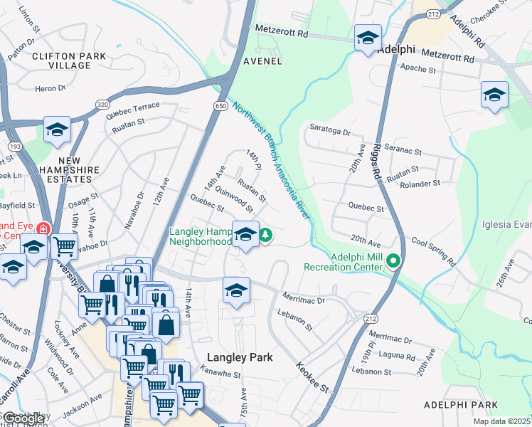 map of restaurants, bars, coffee shops, grocery stores, and more near 8409 15th Avenue in Hyattsville