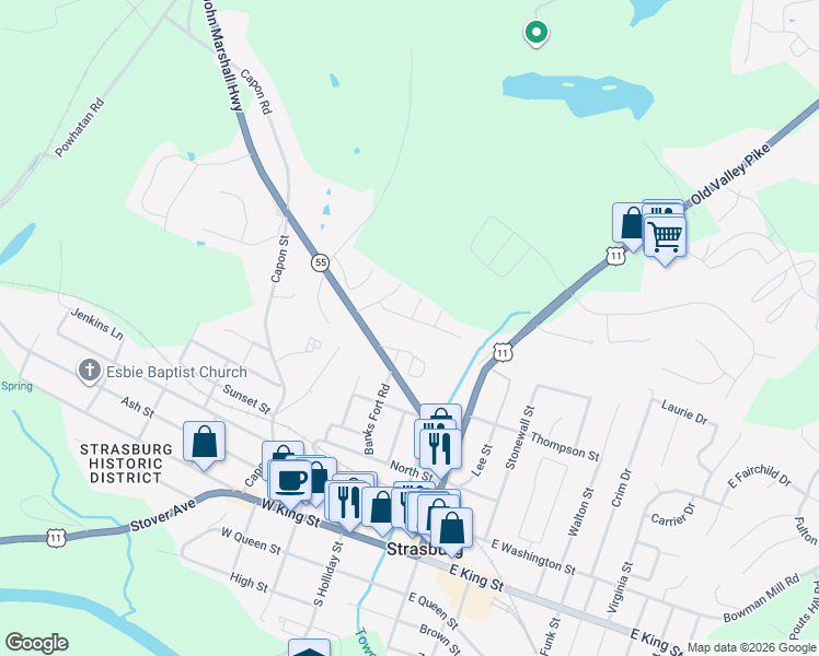 map of restaurants, bars, coffee shops, grocery stores, and more near 814 Pendleton Lane in Strasburg