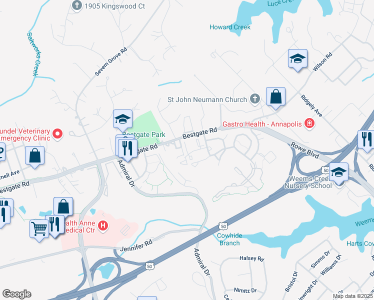 map of restaurants, bars, coffee shops, grocery stores, and more near Warners Terrace North in Annapolis