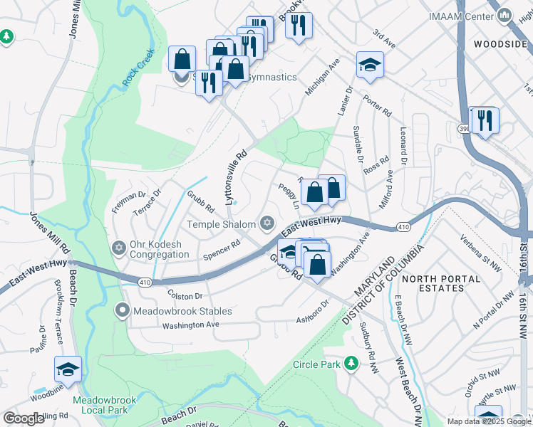 map of restaurants, bars, coffee shops, grocery stores, and more near 2504 Spencer Road in Silver Spring