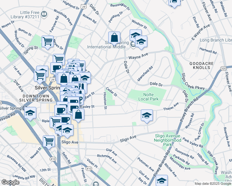 map of restaurants, bars, coffee shops, grocery stores, and more near 8217 Cedar Street in Silver Spring