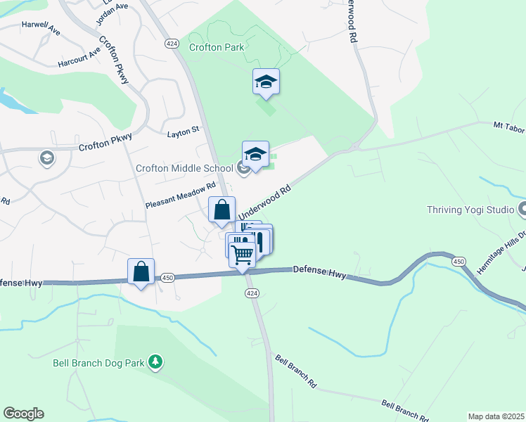 map of restaurants, bars, coffee shops, grocery stores, and more near 1835 Underwood Road in Gambrills