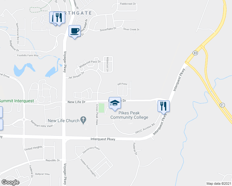 map of restaurants, bars, coffee shops, grocery stores, and more near 1820 Jet Stream Drive in Colorado Springs
