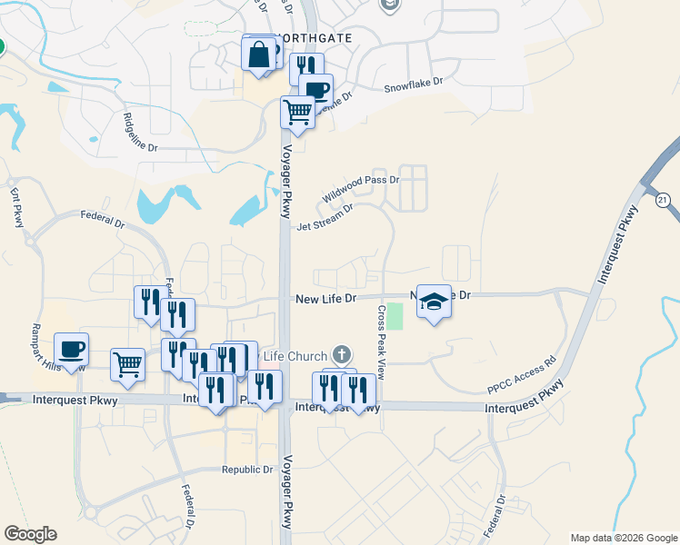 map of restaurants, bars, coffee shops, grocery stores, and more near 12249 Conglomerate Loop in Colorado Springs