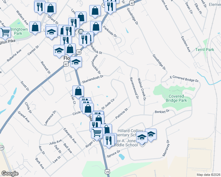 map of restaurants, bars, coffee shops, grocery stores, and more near 223 Saint Jude Circle in Florence